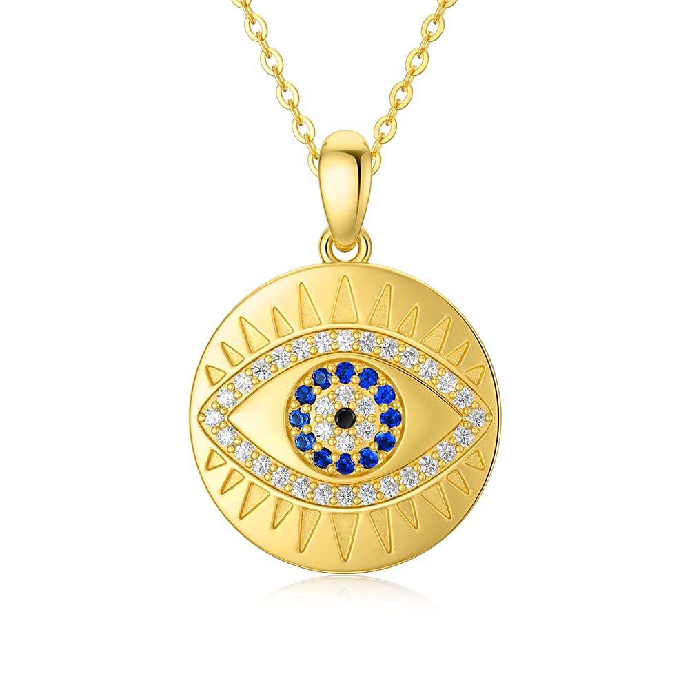 SISGEM 9 ct Gold Evil Eye Necklace, Solid Yellow Gold Evil Eye with Sun Ray Pendant Necklace, for Mum Sister Friend Women Her, 16+1+1inch