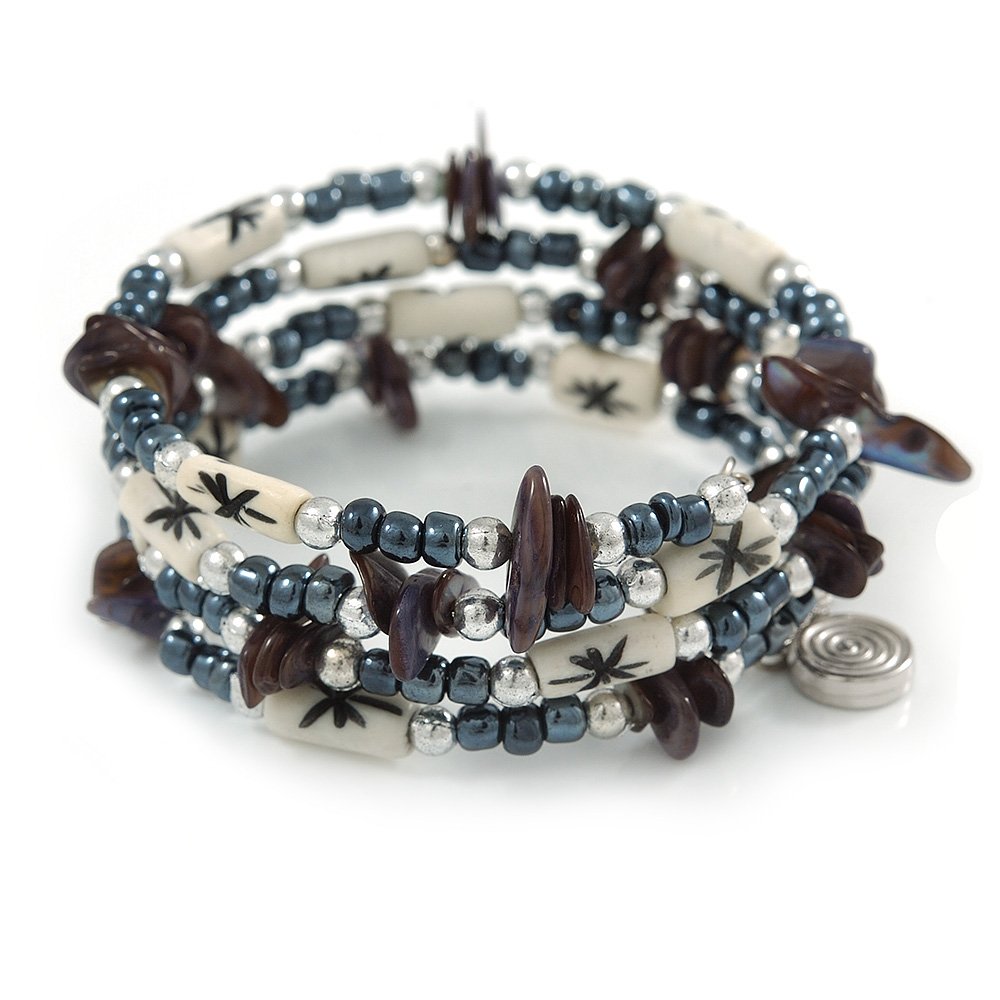 Avalaya Multistrand Coiled Glass/Bone Bead, Shell Nugget Flex Bracelet (Hematite, Grey, White) - 17cm L