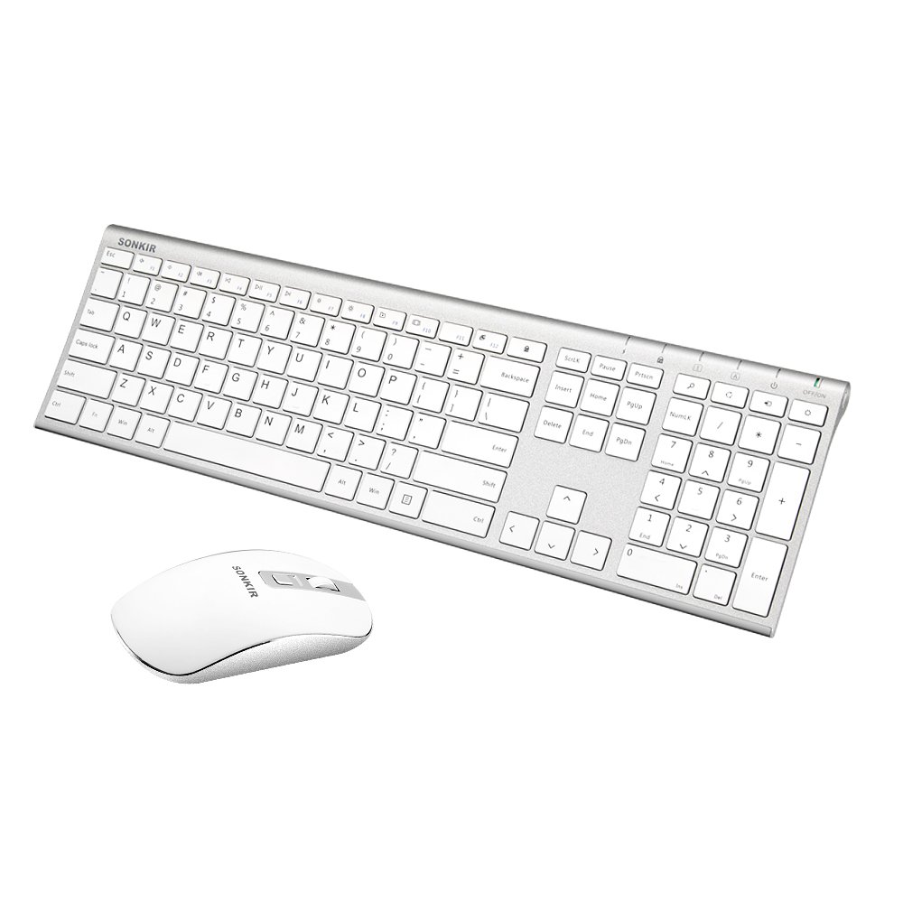 Wireless Keyboard Mouse, Sonkir K-18 2.4GHz Rechargeable Full Size Keyboard and Mouse Combo for Windows, Laptop, PC, Notebook (Silver)