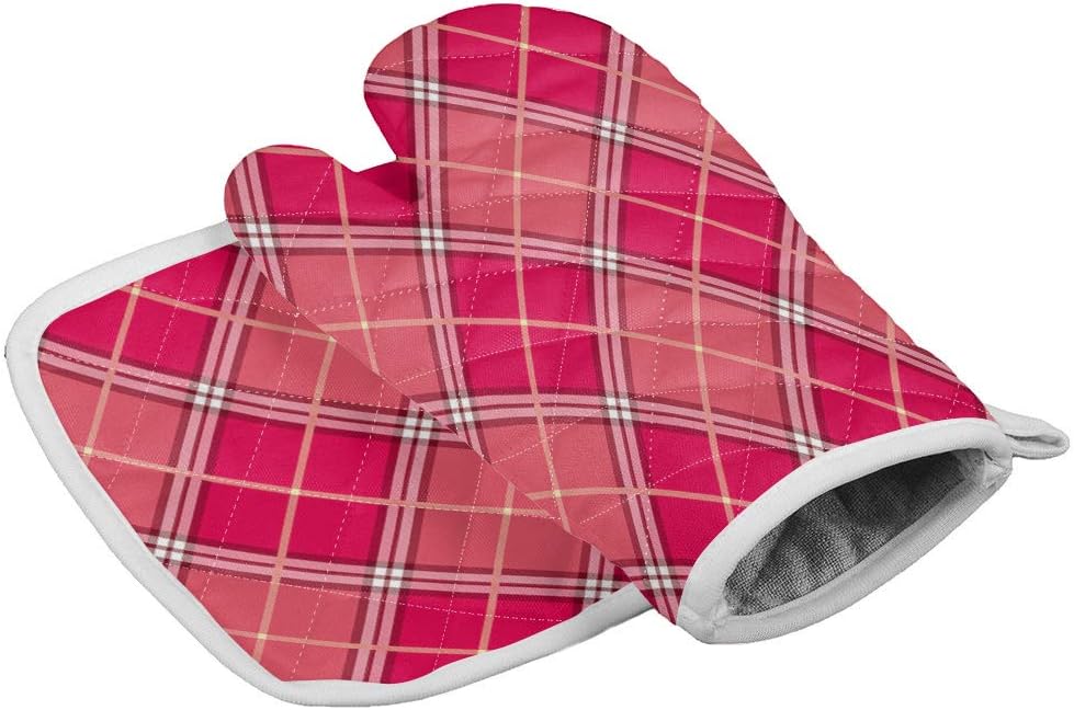 Plaid Oven Mitts, Avoid Heat Oven Gloves to Protect Hands and Surfaces with Non-Slip Grip and Hanging Loop,Pot Holder - Ideal Set for Handling Hot Cookware, Bakeware Fashion Buffalo Check Plaid Pink