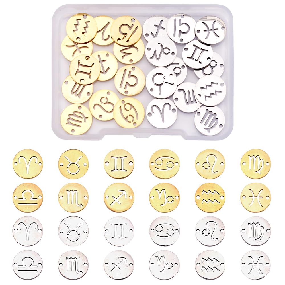 Cheriswelry 24pcs Flat Round Zodiac Sign Pendants Charms for DIY Jewellery Crafts Making Hole:0.8mm