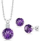 Gem Stone King 925 Sterling Silver Purple Amethyst and White Moissanite Pendant and Earrings Jewelry Set For Women (10.21 Cttw, Round 10MM, Gemstone Birthstone, with 18 Inch Silver Chain)