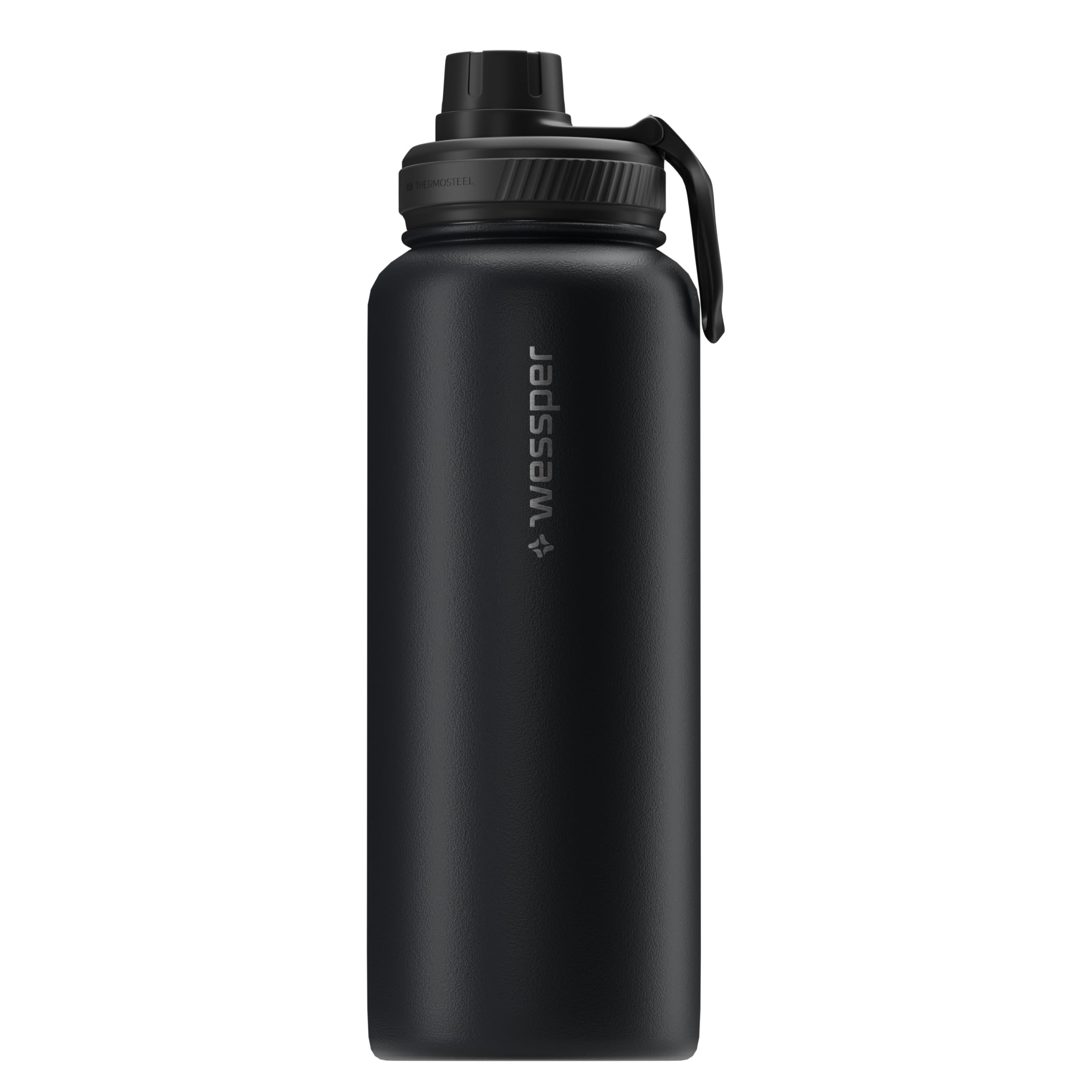 Wessper Stainless Steel Drinking Water Bottle 1L Leakproof Thermos Bottle BPA-Free with 3 Lids | Black Drinking Bottle Sport Keeps Hot and Cold | Vacuum Insulated Metal Bottle for Work Gym Travel