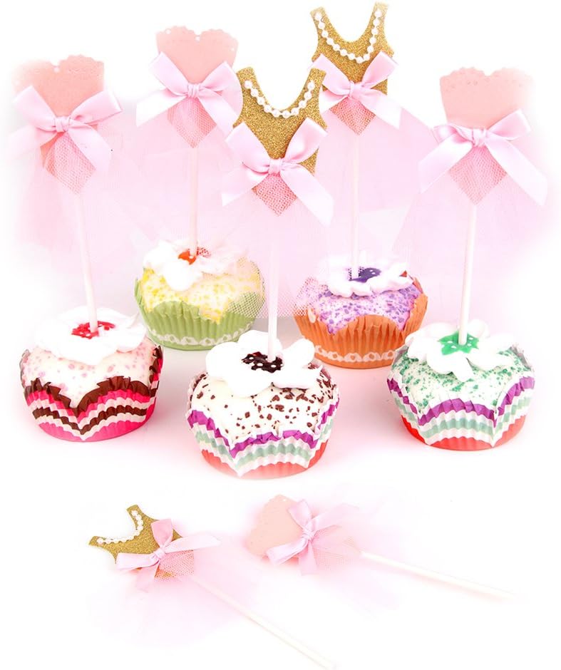Skoye Ballerina Tutus Cupcake Toppers Ballet Princess Skirt Cake toppers Glitter Decoration for any Childrens Party, Pink/Gold (Set of 10)