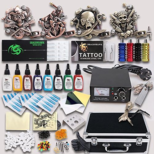 Professional Complete Tattoo Kit 4 Top Machine Gun 8 Color Ink Needle Power Supply