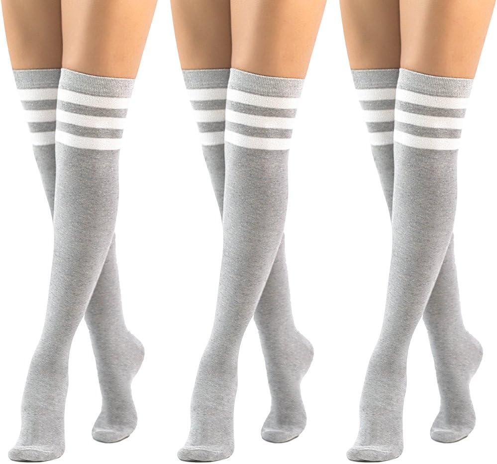 Fashion Thigh High Stockings For Women–3 Pairs-Stretch Over The Knee Socks With Striped Design–Warm & Comfortable