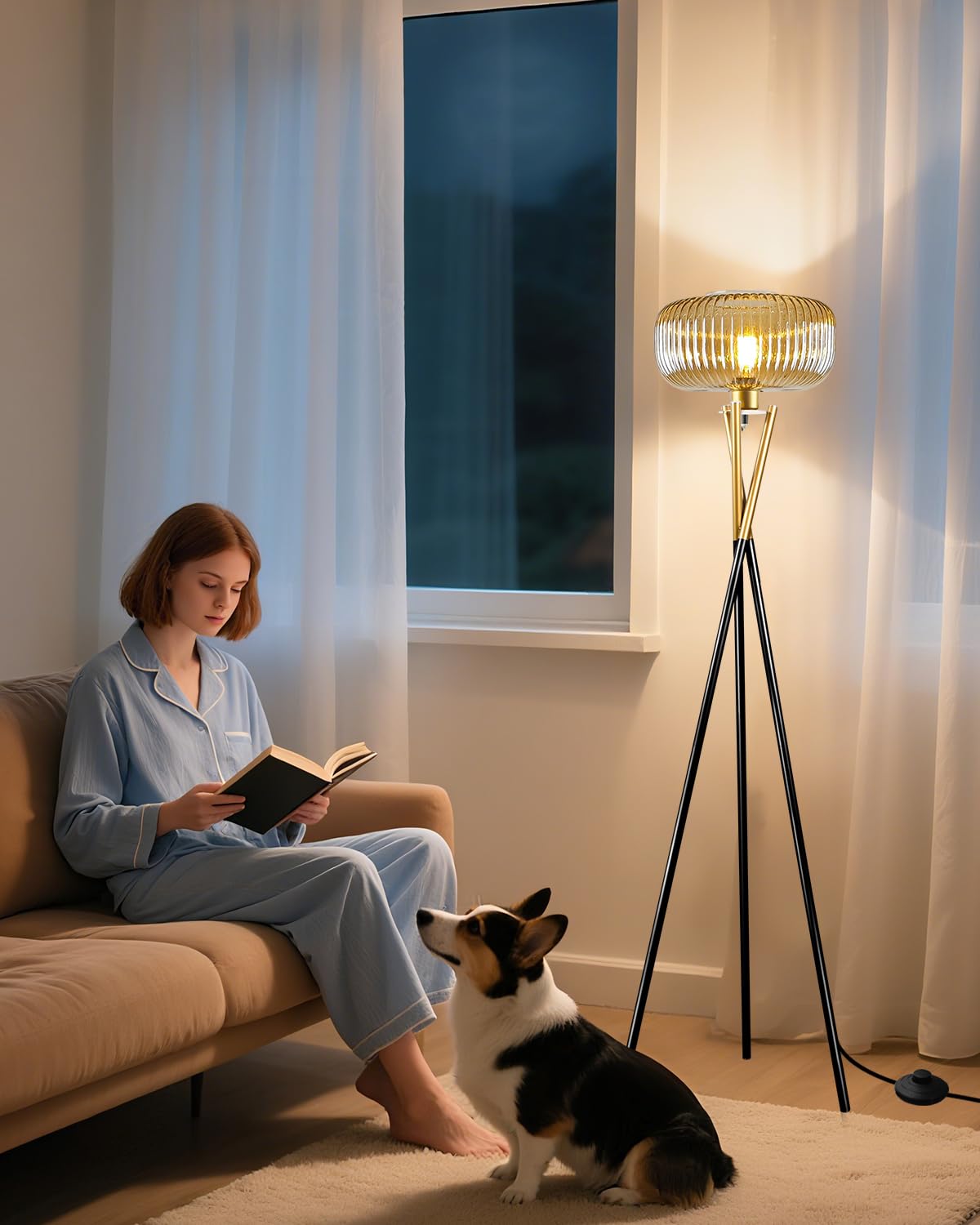 Photo 1 of Lightdot Glass Tripod Floor Lamp for Living Room, Modern Gold&Black Standing Lamp with Ribbed Champagne Glass Lampshade, Arc Tall Lamp for Bedroom Office Reading Room, (LED Bulb Included)