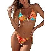 QJQ Women's 2 Piece Bikini Sets Floral Leopard Starfish Metal Triangle Bathing Suit Cheeky String Swimsuit