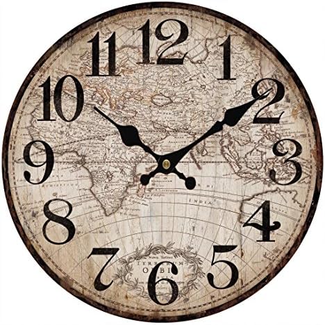 Upuptop 16" Faded Rustic Old Design Wall Decor Round Wood Clock with Vintage Antique Map Pattern
