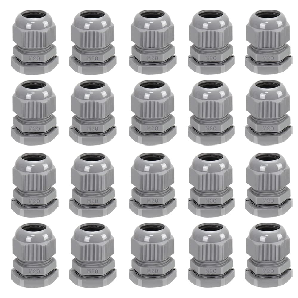 20 Pack M20 20mm IP68 Waterproof Nylon Cable Glands, Suitable for 6mm - 12mm Cables (Grey)