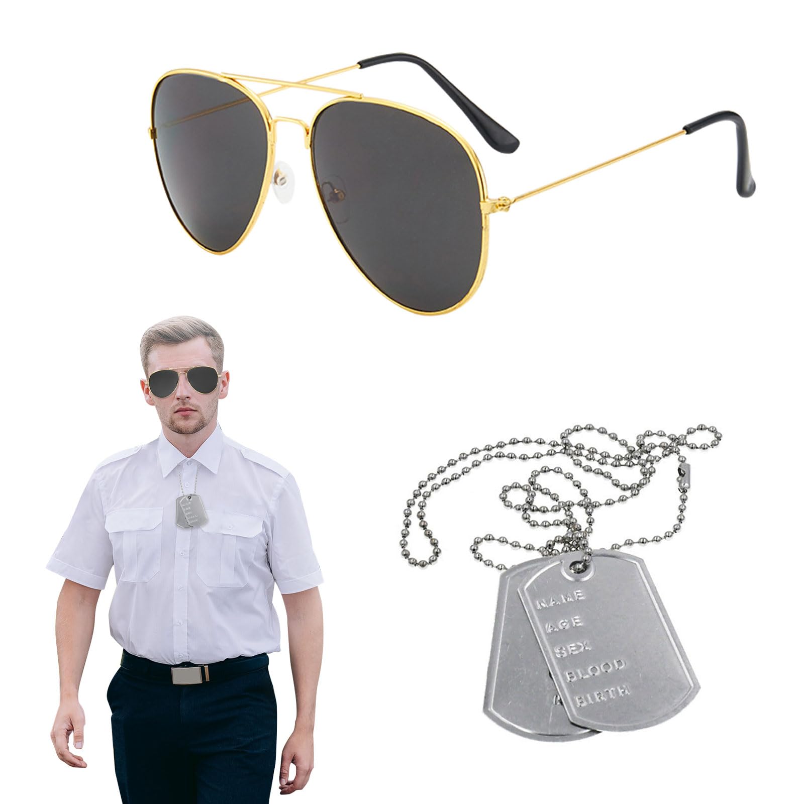 EUPSIIU 2 Pieces Army Fancy Dress Sunglasses and Dog Tag Solider Military Cosplay Costume Pilot Costume Aviators Accessories for Men Women Adults Cosplay Dress up Party Theme Halloween(Army)