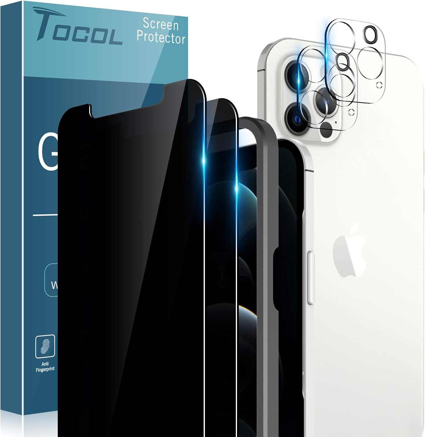 TOCOL 4 Stück Sichtschutz Kompatibel mit iPhone 12 Pro 5G 6.1 Zoll 2 Stück und 2 Stück Kamera schutzfolie 9H Hartglas Blasenfrei Privacy Schutz Positionierungsrahmen Doppelter Schutz