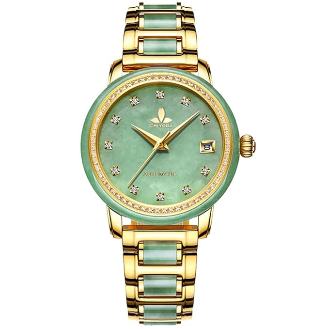 CHIYODA Automatikuhr für Damen, Eleganz Automatikuhr mit Kalender und Grün Jade Zifferblatt, Wertvolle Uhr für Sammlung - Grü