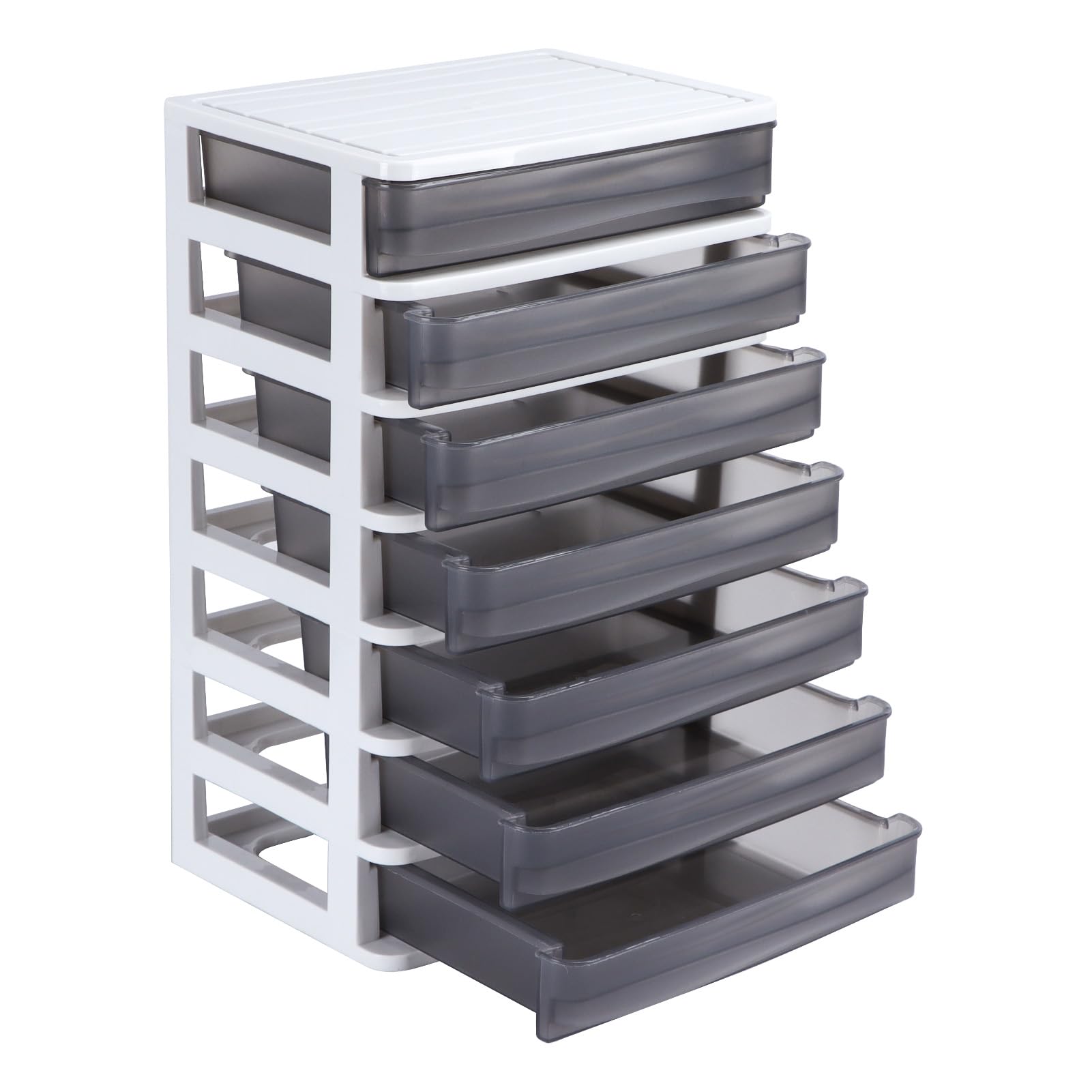 Photo 1 of Rempry Small Plastic Organizer with 7 Clear Drawers, Plastic Storage Drawers Containers Organizer for Desk, Counters, Cabinets, White Grey, 9.8"x6.8"x14.8"