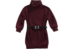 GOOCHEER Toddler Baby Girl Outfits Turtleneck Knit Sweater Dress Kids Solid Ribbed Long Sleeve Dresses +Belt Fall Clothes