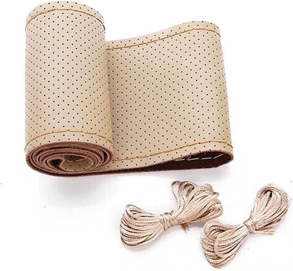AULLY PARK Leather Car Steering Wheel Cover Stitching Style with Needle and Thread (Size M, Beige)