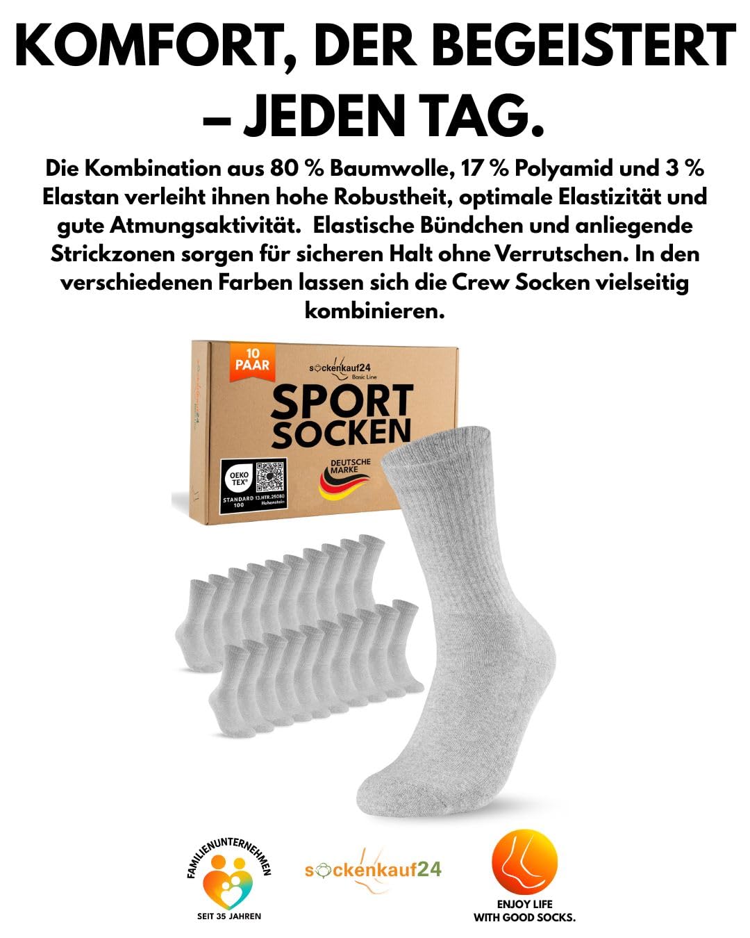sockenkauf24 10 Paar Sportsocken Herren Grau 43-46 Tennissocken Atmungsaktive Baumwolle Crew Socken 6