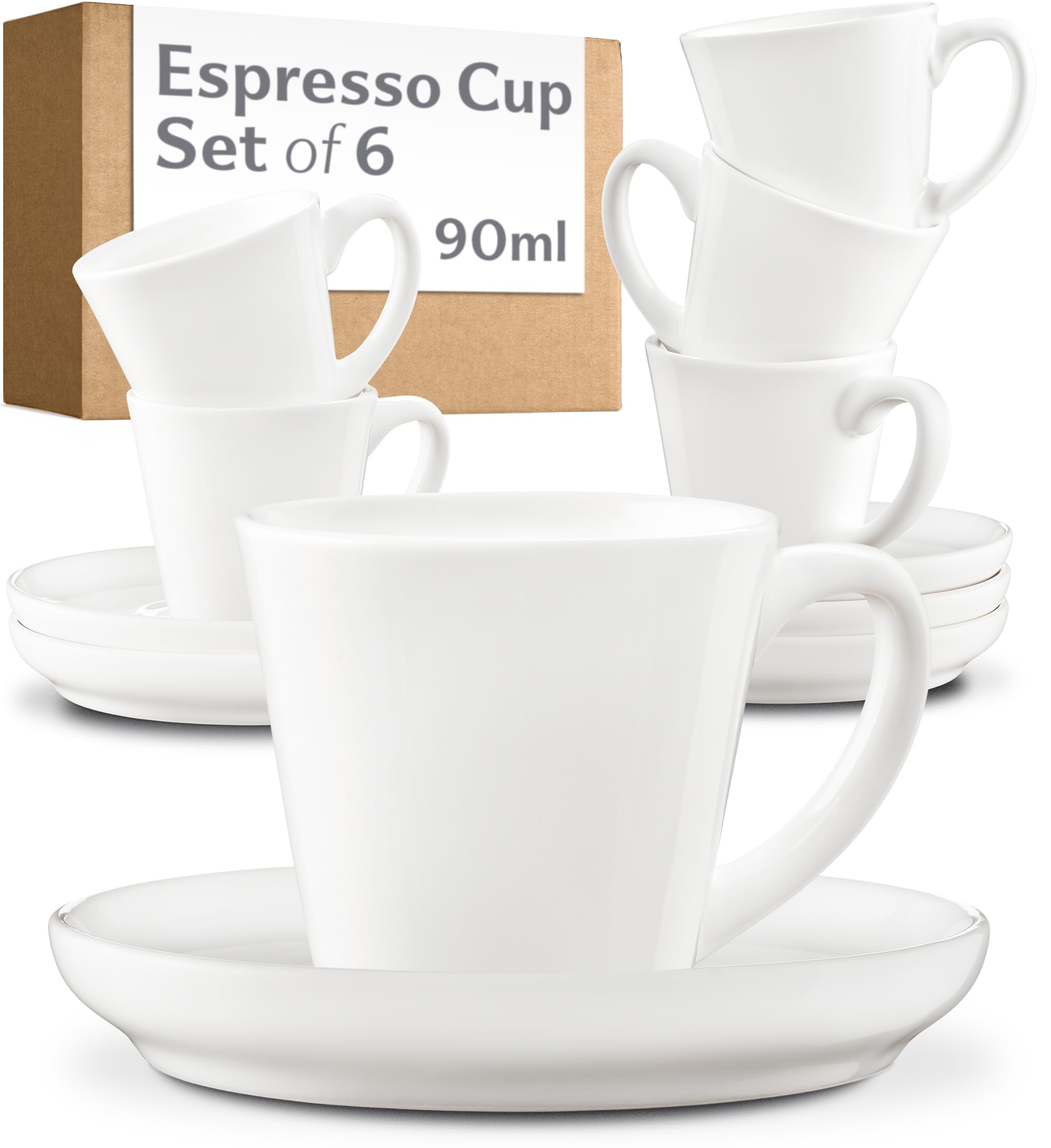 Cosumy Espresso Cups and Saucers Set of 6 - Cup and Saucer Set - Stackable Design - Tea Cup Set - Tea Cups and Saucers - Coffee Mugs - Cappuccino Cups - Gift Box - Coffee Cups Ceramic Set 70ml