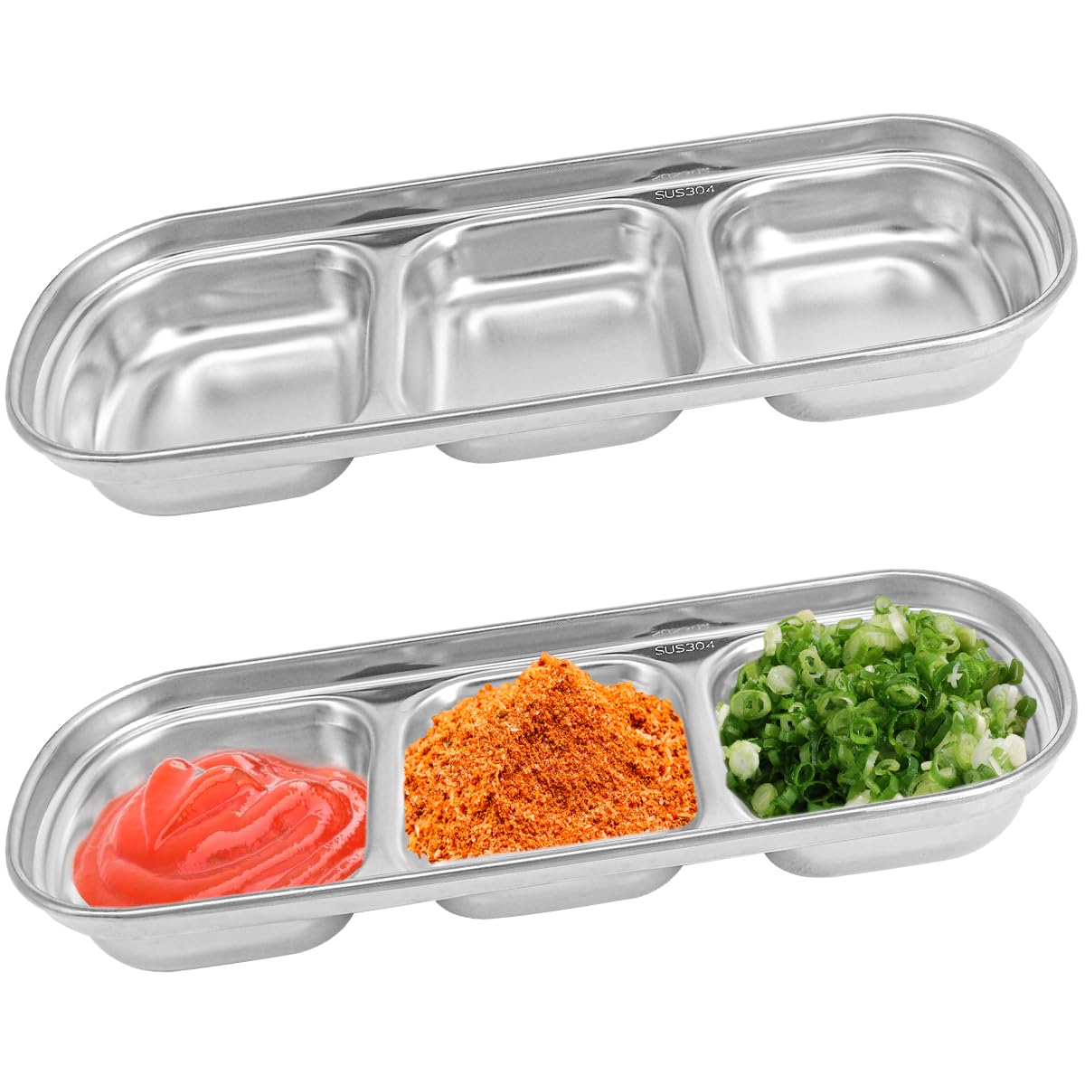 DOERDO 2Pcs Stainless Steel Dipping Sauce Dishes, 3 Compartment Appetizer Serving Trays Snack Dishes for Soy Sauce, Ketchup, Seasoning, Silver, 8.1x3.3 Inch