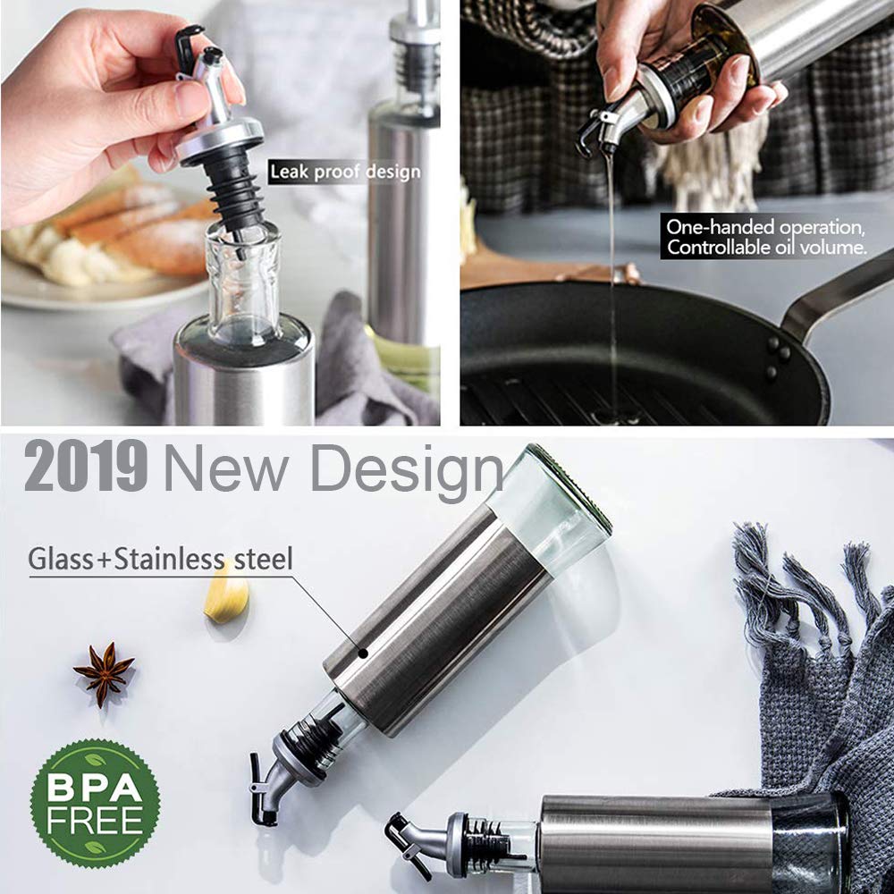 Oil Vinegar and Sauce Dispenser Bottle with Stainless Steel funnel - 11oz/300ml Oil Vinegar and Sauce Cruet Pourer Dispensing Glass and Stainless Steel Bottles for Kitchen