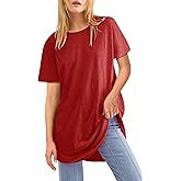 Fisoew Womens Oversized T Shirts Short Sleeve Tunic Tops Crew Neck T-Shirts Summer Casual Loose Fit Basic Tee