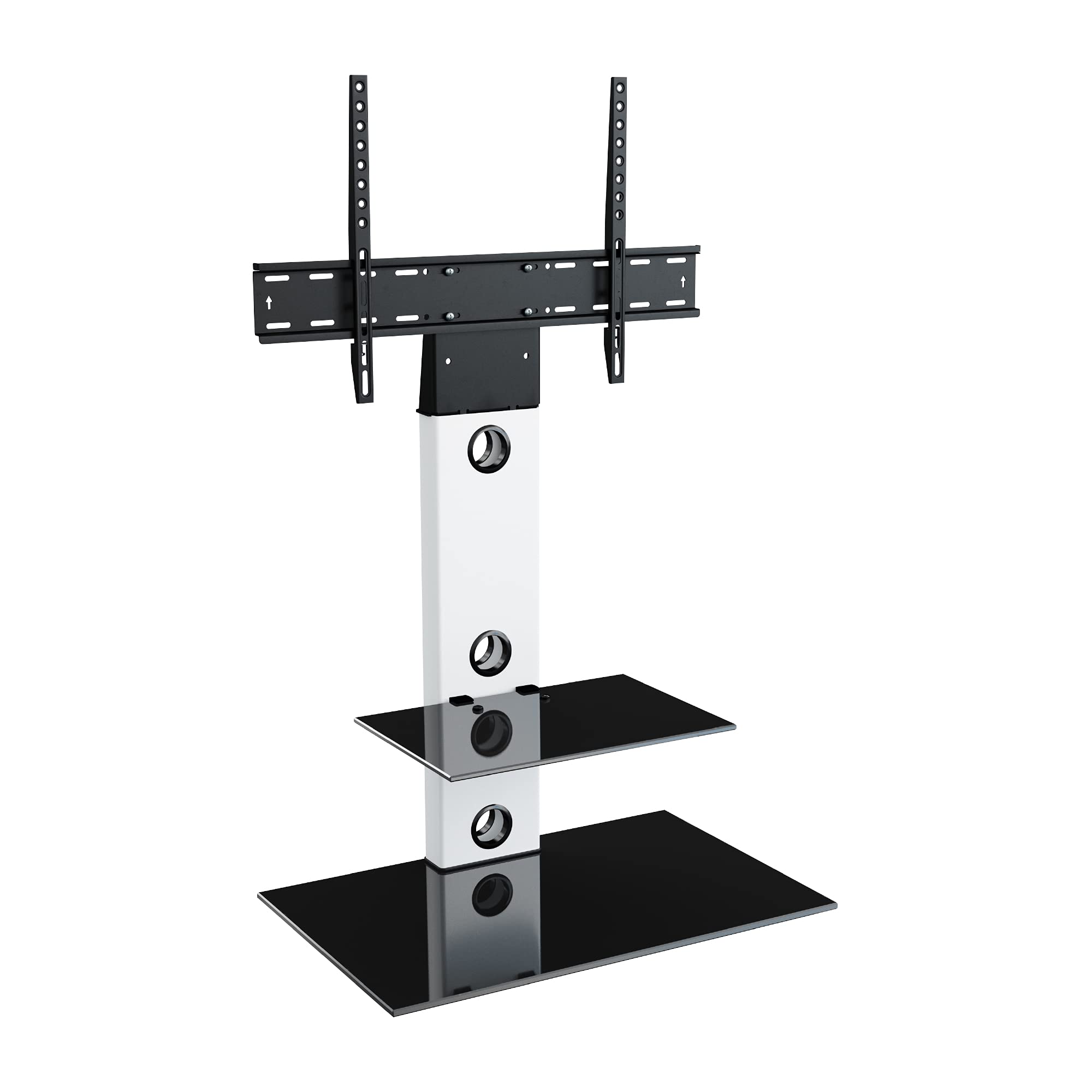 MAHARA Universal Column TV Stand - for 32 to 65 inch TVs-Freestanding white tall floor stand with black glass shelves and cable management-Height adjustable and suitable for corners-Max Weight 40kg