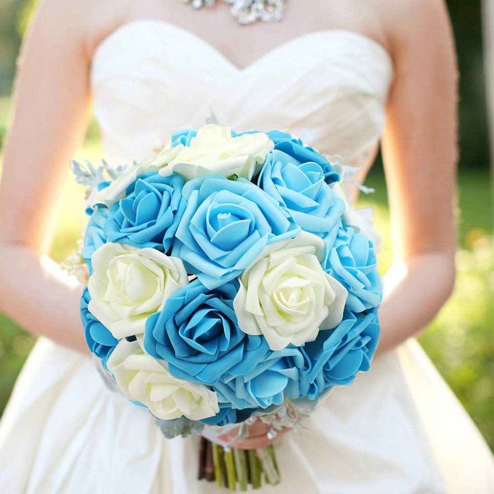 HOHOTIME Artificial Flowers 42 pcs, Real Touch Roses in Mixed Colors w/Stem for Decoration Crafts Wedding DIY Bridal Shower Party Home Decor (Blue Gradient Combo)