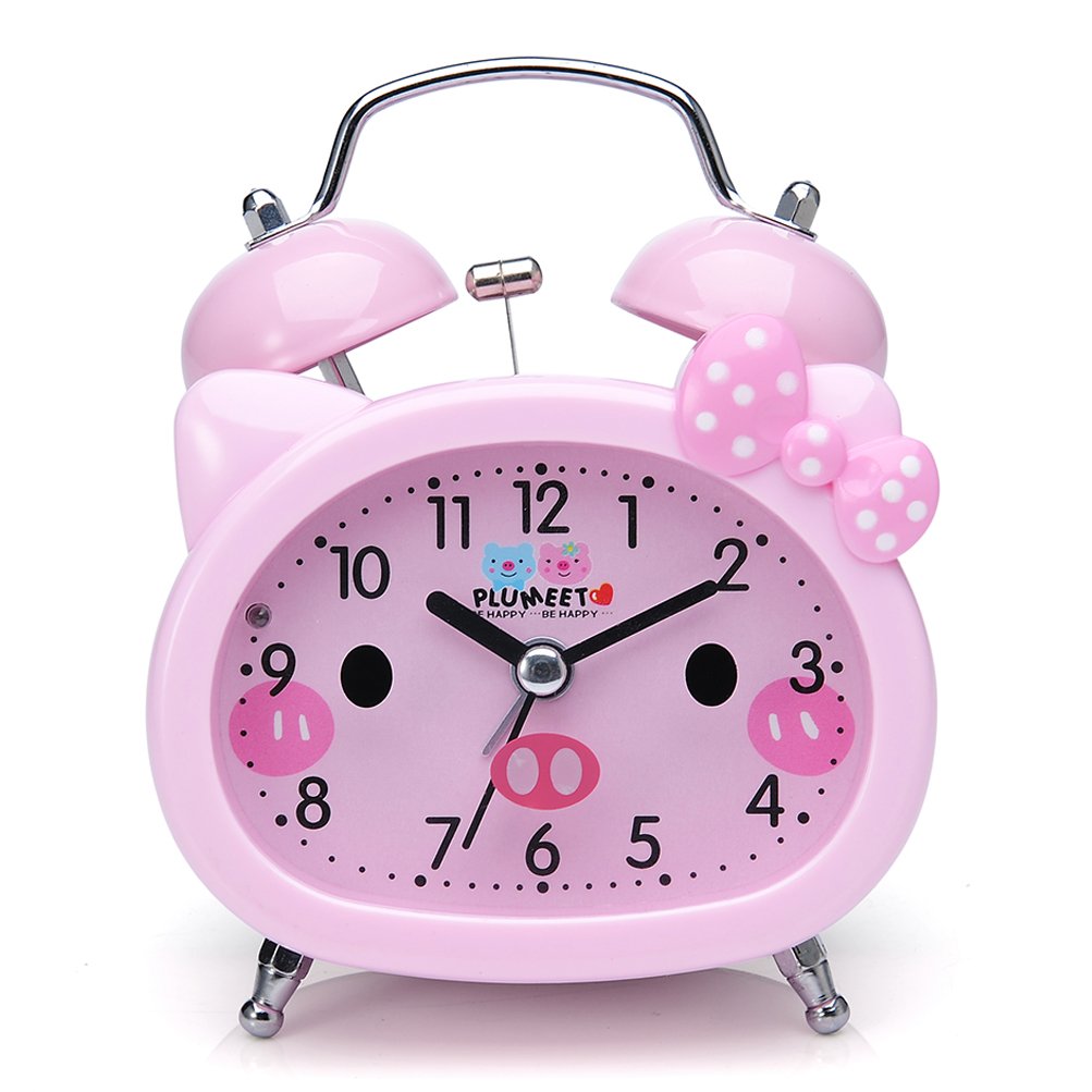 Plumeet Twin Bell Alarm Clock for Kids, Silent Non-Ticking Quartz Desk Bedside Loud Alarm Clock for Girls, Cute, Handheld Sized, Backlight, Battery Operated (Pink)
