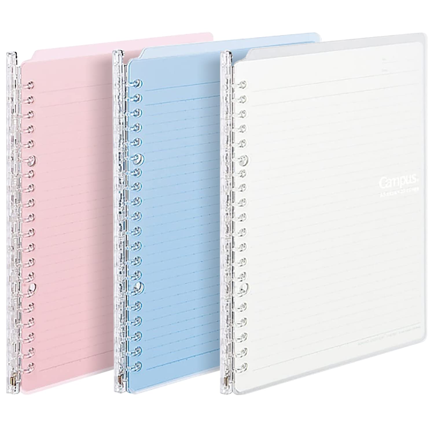 Kokuyo Campus Easy-Carry Slim Binder Smart-Ring A5 20-Ring Set of 3 (Light Pink, Light Blue & Clear, A5)