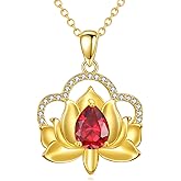 SHINYKEND 925 Sterling Silver Moissanite Lotus Necklace for Women, Teardrop-Shaped Garnet Lotus Pendant Necklace, 18k Gold-Plated Flower Jewelry, for Wife Mom, Anniversary Birthday Gift, 18+2 Inch