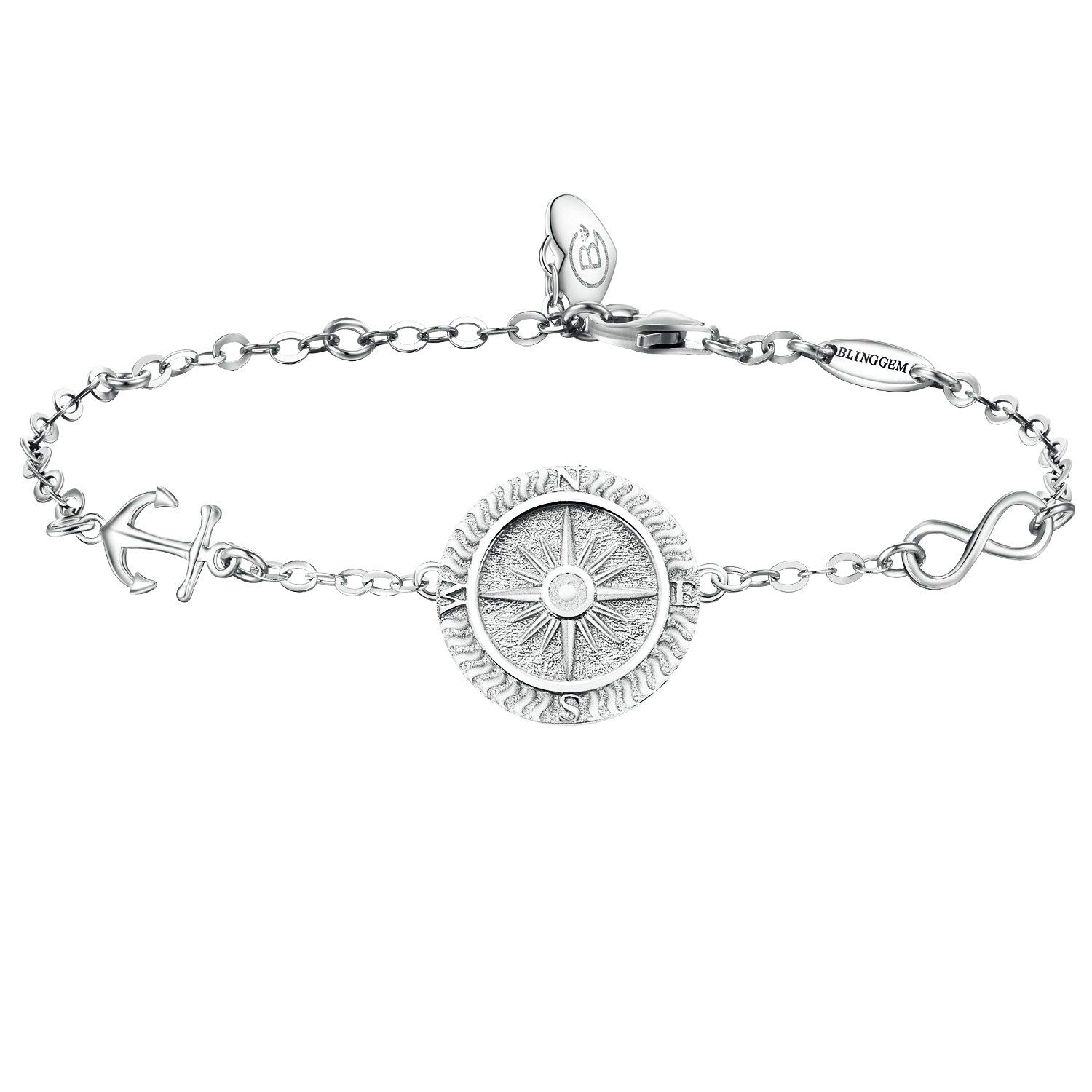 BlingGem Compass Bracelet for Women 925 Sterling Silver Engraved Direction Compass Charm Bracelet Symbol No Matter Where Birthday Graduation Mothers-day Gift for Women Daughter Wife
