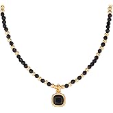 Belle Brighton Black Crystal Pendant Necklace 18k Gold Plated Gemstone Beaded Chain Adjustable 17.7" Choker Necklace for Women Elegant Tennis Style Jewellery