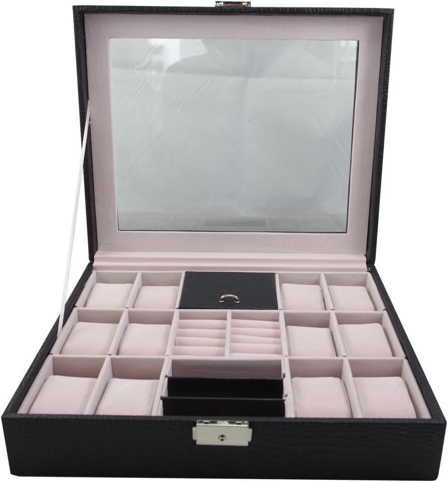 Kaita Beni Faux Leather Watch Display Case/Watch Box/Bracelet Bangle Box/Jewellery Display Case (12 Grids, Lizards Black)