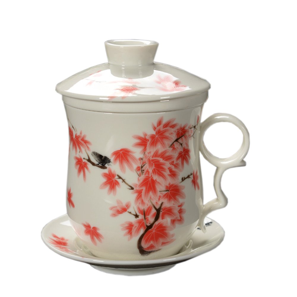 ufengke Red Leaf Painting Chinese Tea Cup,Jingdezhen Ceramics Tea Cup, With Infuser Filte,Lid, And Saucer, For Gift And Home,300ml