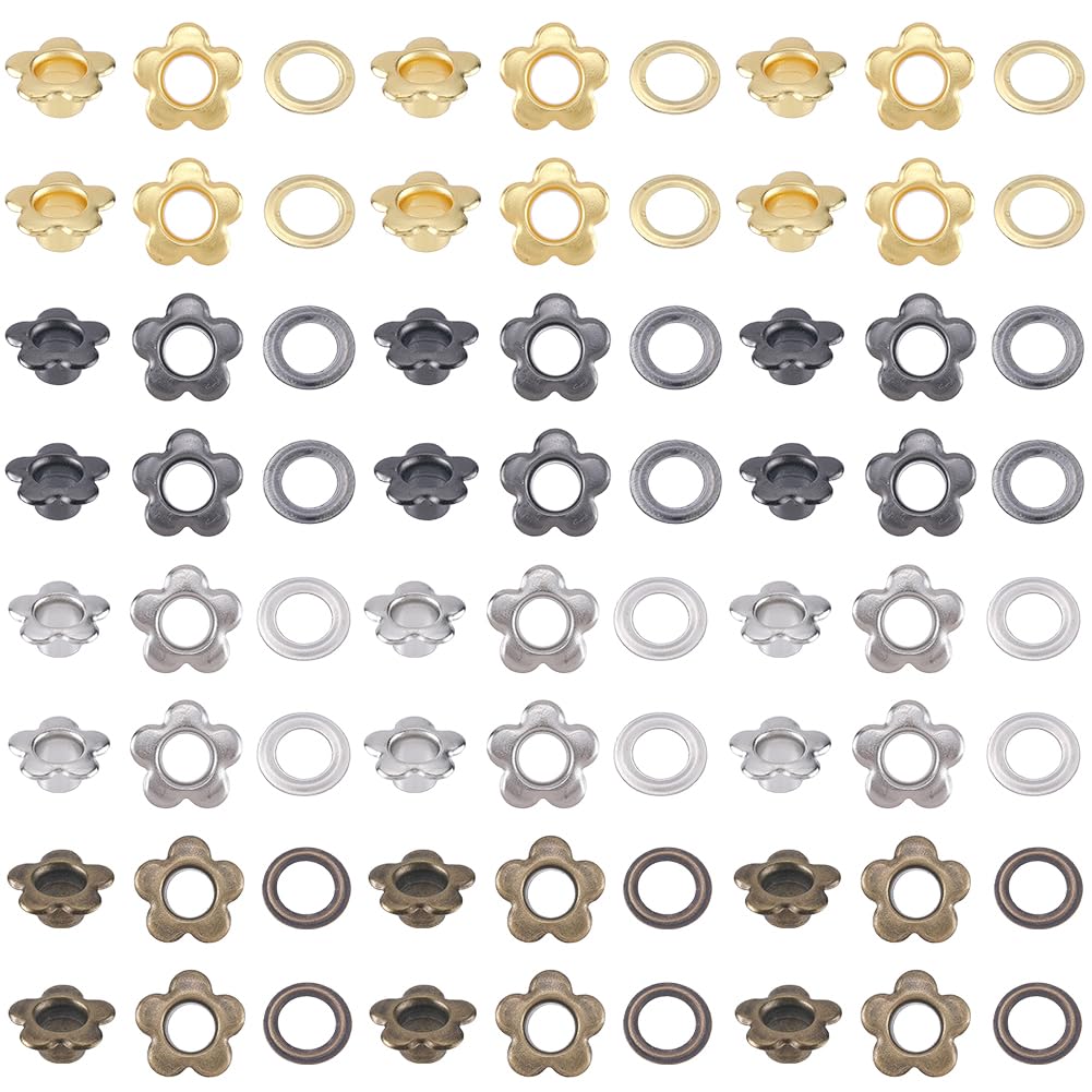 GORGECRAFT 1 Box 200Pcs 4 Colors Flower Metal Eyelets Bulk Brass Silver Golden Black Floral Grommets Rivet Eyelet Findings with 5mm Hole for Leather Scrapbooking Belt Bag Clothes DIY Craft Making