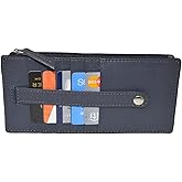 Leatherboss Genuine Leather Women's All in One Credit Business Card Case Holder Slim Zipper Wallet With a Card Protection Strap, Blue