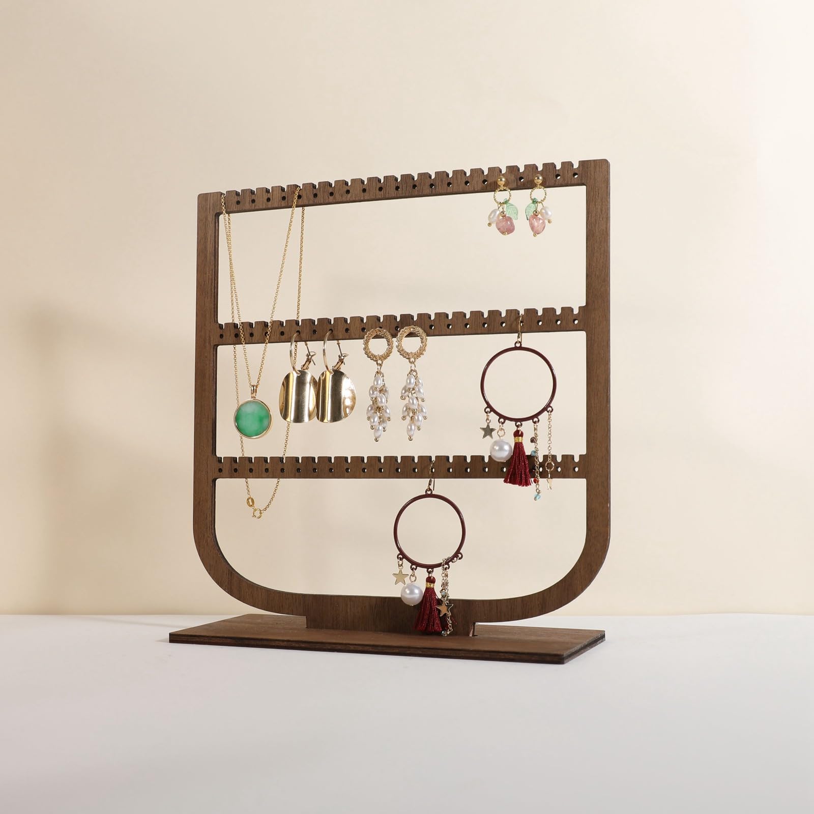 Photo 1 of GemeShou wooden hanging jewelry organizer, walnut jewelry display holder for selling, dangle necklace storage shelf, 3 tier earring display stands for selling?Jewelry shelf-3 tier?