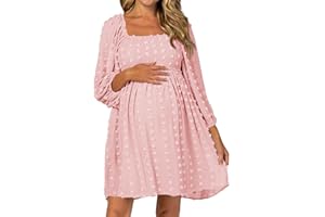 Ofenbuy Women's Long Sleeve Maternity Dress Square Neck Swiss Dot Casual Loose Short Dresses