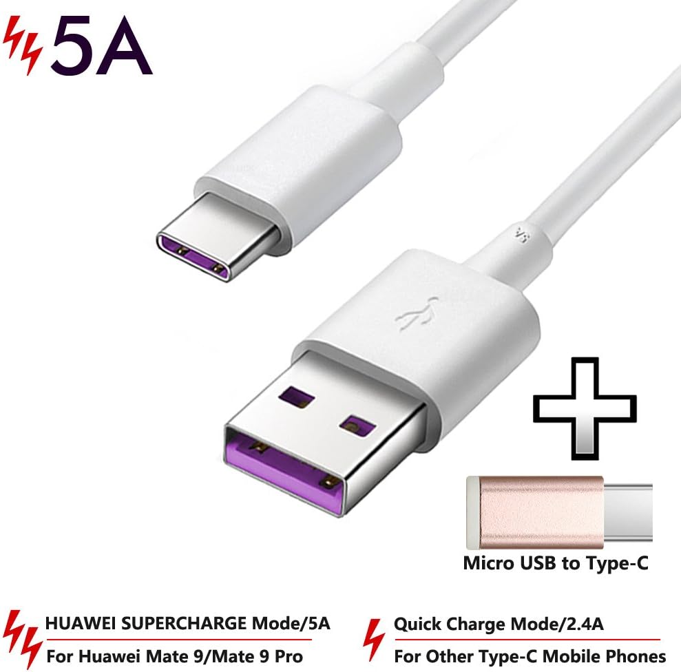 Supercharge Cable(5A) for Huawei USB C Cable Charger Cord Fast Charger for Huawei Mate 9 Mate 9 Pro Mate 10 P10 Plus Honor Note 10,Type C USB Data Cable Compatible with S9 S8 Note 9 8 (5A,White)