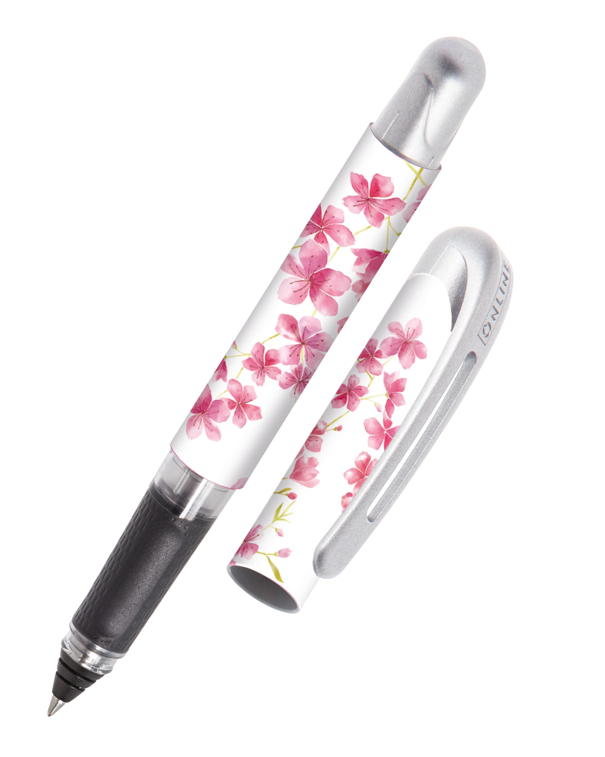 Online ergonomic rollerball pen Cherry Blossom for school & college │ grip part for left- and right-handed │ for standard ink cartridges, refillable │ pens for beginners, pupils, students