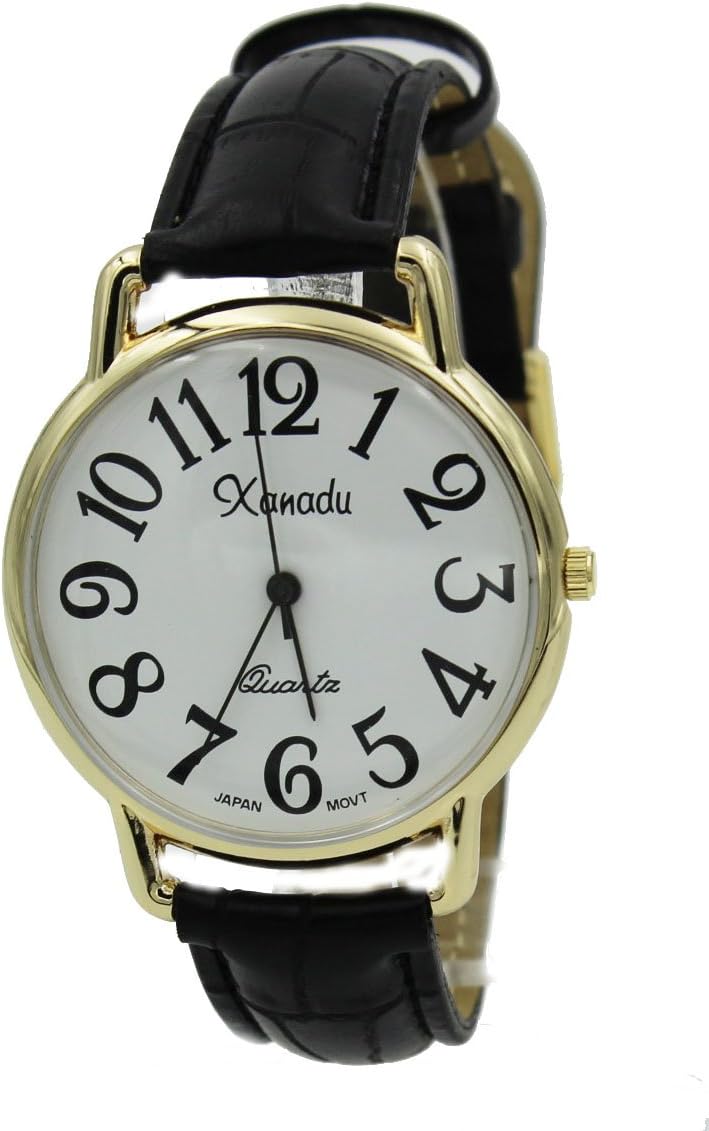 Xanadu Ladies Gold Tone Case Black Leather Watch with Easy to Read Dial-Medium Size