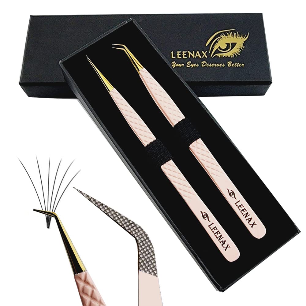 Leenax 2 Pieces Fiber Tip (Anti – Slip) Eyelash Extension Tweezers, Straight and 45-Degree Volume Tweezers, Japanese Stainless Steel (Peach)