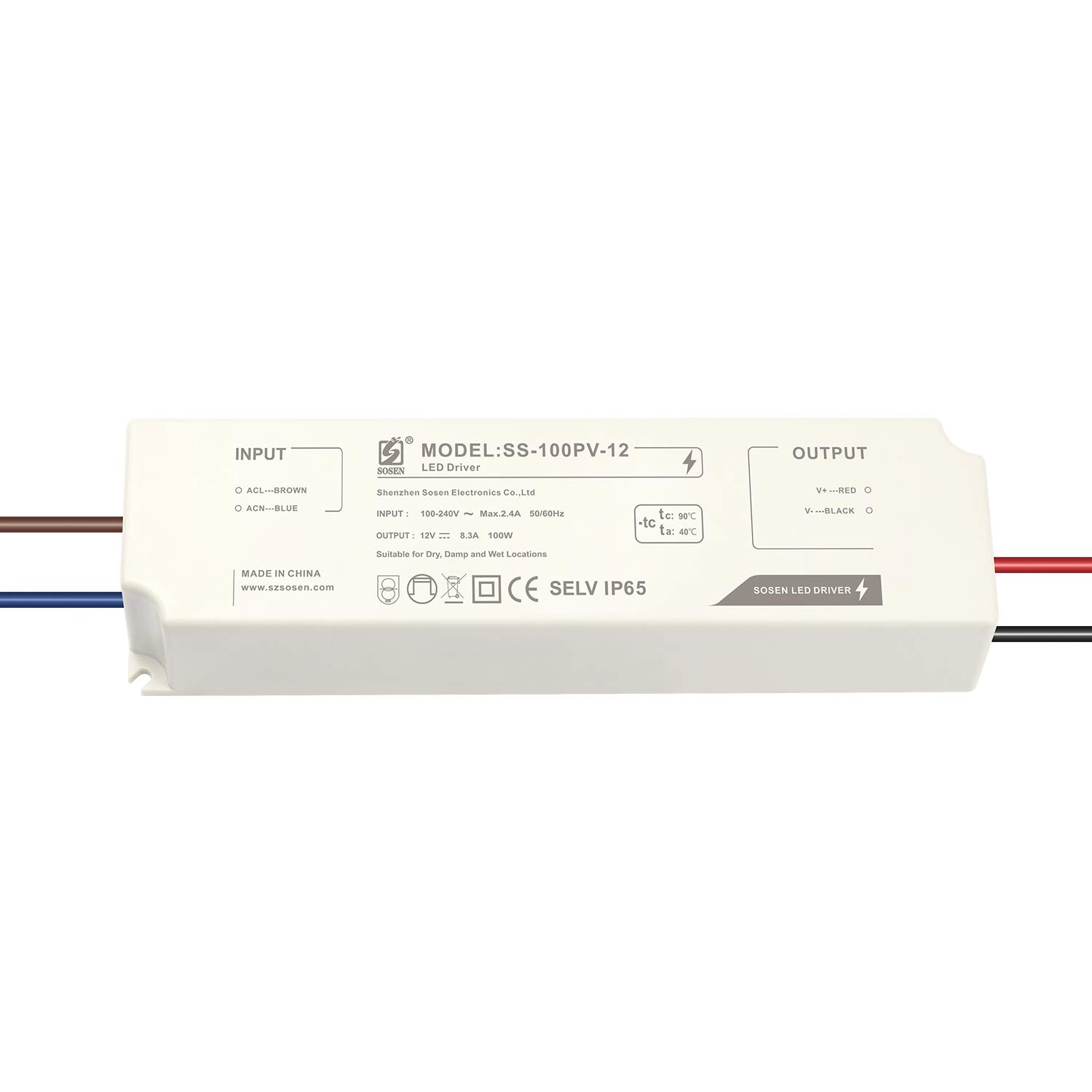 LIGHTEU®, Sosen Transformer LED Power Supply - 100W, 12V DC, 8A - IP65 Constant Voltage for LED Strip Lights and G4, MR11, MR16 LED Light Bulbs