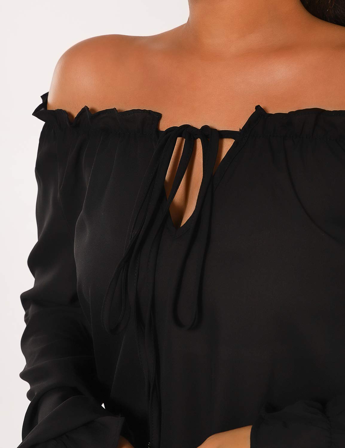 Blooming Jelly Womens Off The Shoulder Tops Chiffon Blouse Tie Neck Bell Sleeve Ruffle Elegant Flowy Shirt（S,Black