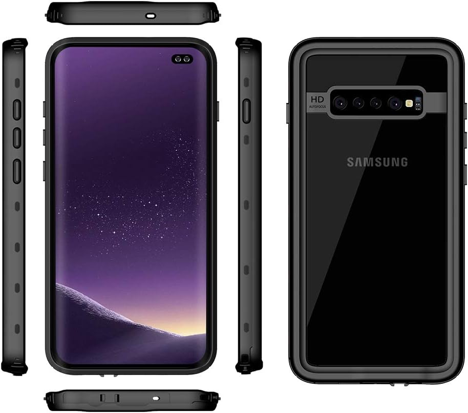IP68 Waterproof Clear Phone Case for Samsung Galaxy S10 Plus, Heavy Duty Protection Full Body Shockproof Phone Case with Built-in Screen Protector Cover for Galaxy S10+ Plus 6.4 inch (2019) (Black)