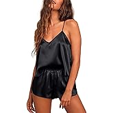 Ekouaer Silk Pajamas for Women Satin Cami Pjs Set V Neck Camisole Shorts Set Adjustable Strap Sleepwear