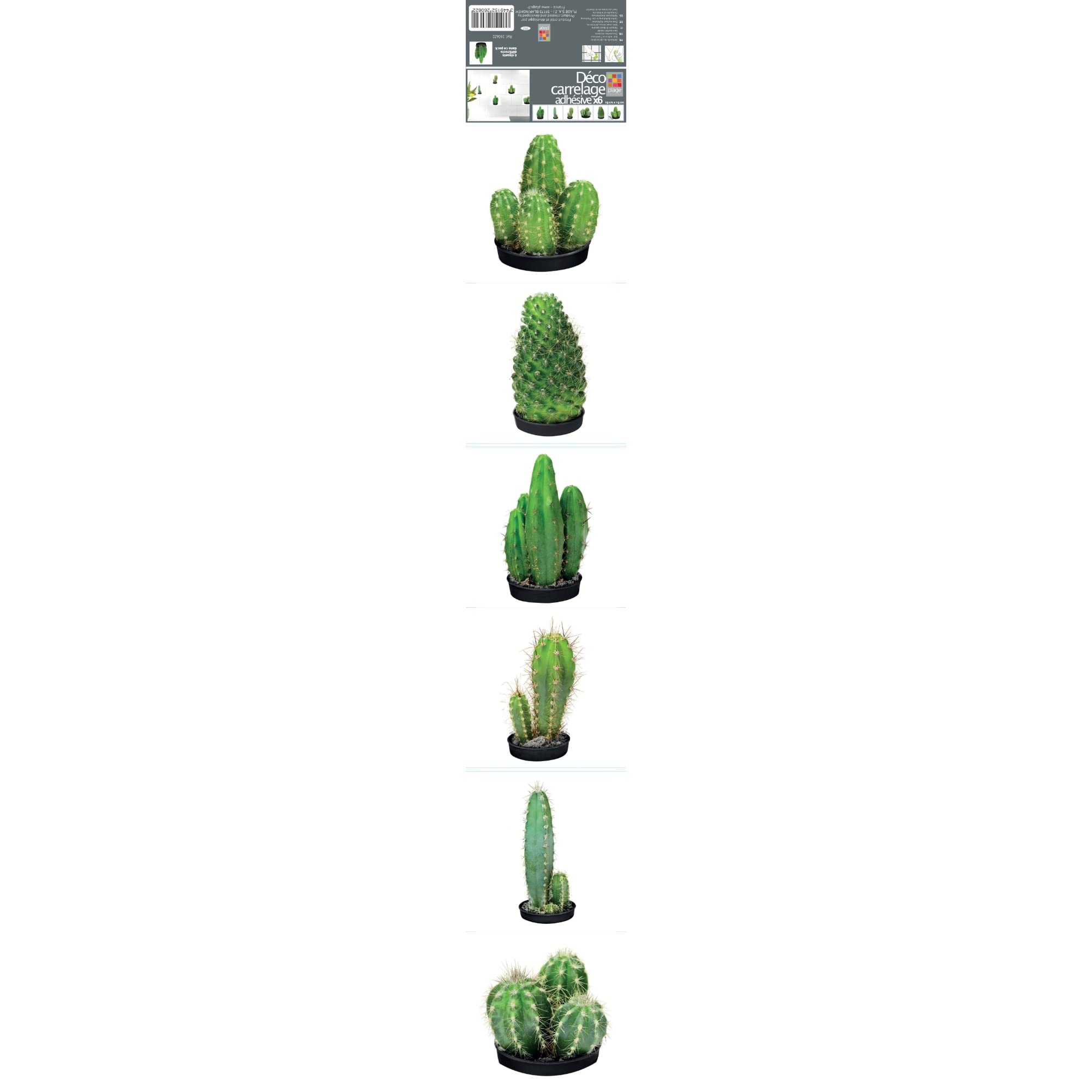 PLAGE 260622 6 Tiles Stickers 15 x 15 x m - Cactus, Green (15 x 15 cm)
