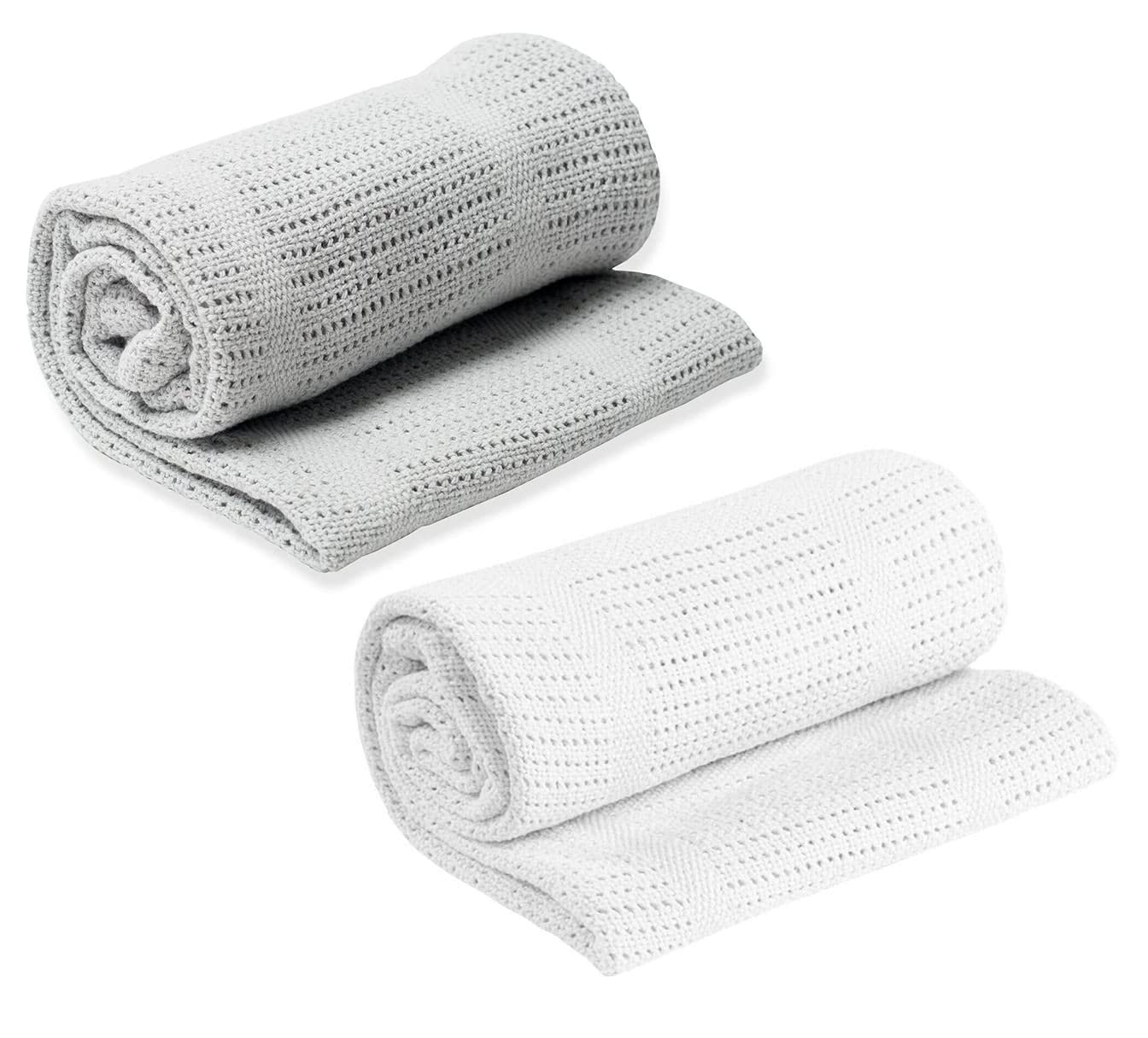 OnlyBee Twin Pack - 100% Pure Cotton - Soft Cellular Baby Blankets - White/Grey - 90cmx70cm