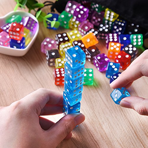 Austor 100 Pieces 6-Sided Game Dice Set (Free Pouch), 10 Translucent Colors Square Corner Dice for Tenzi, Farkle, Yahtzee, Bunco or Teaching Math
