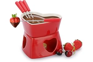 BSTKEY Red Ceramic Butter Warmer Set, Heart Shaped Fondue Pot Melting Pot Set, Melt Hot Pot Bowl Set for Cheese Chocolate Butter Caramel, with 4 Forks